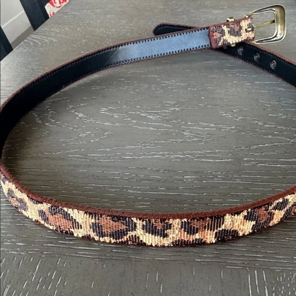 ELITE Accessories Fabric Leopard Print Belt Antiqued Gold Buckle Made in USA L